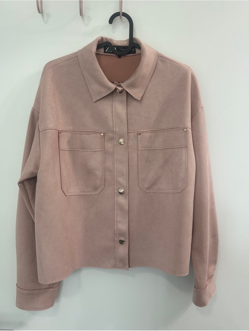 ZARA Womens Blush Pink Faux Suede Shacket Cropped Snap Jacket / Size XS